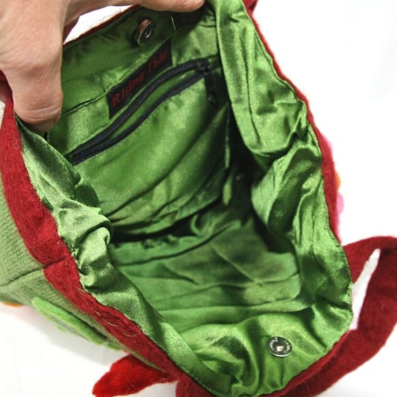 Rising Tide Felt Flowers Canvas Purse Handbag Shoulder Bag Small Tote Green - Picture 6 of 7